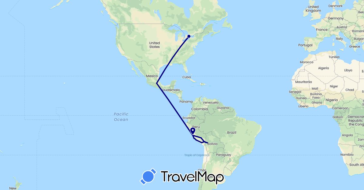 TravelMap itinerary: driving in Bolivia, Canada, Mexico, Peru (North America, South America)